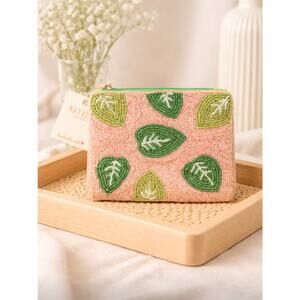 Kay Lee PinkGreen Leaf Beaded Zip Coin Purse New